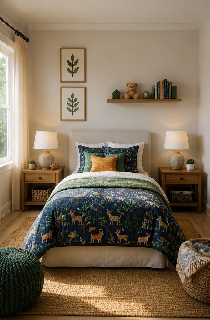 Matching nightstands and lamps flanking a bed in a child's bedroom.