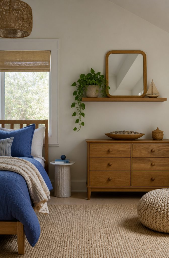 A pothos plant and wooden decor on a shelf in a child's room.