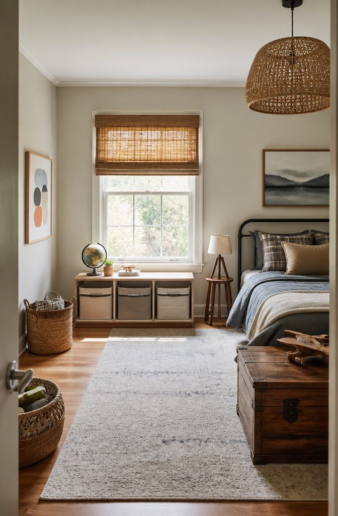 A storage bench in a child's room, neatly organized and functional.