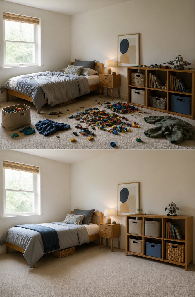A neutral wall color in a child's bedroom with toys scattered on the floor.