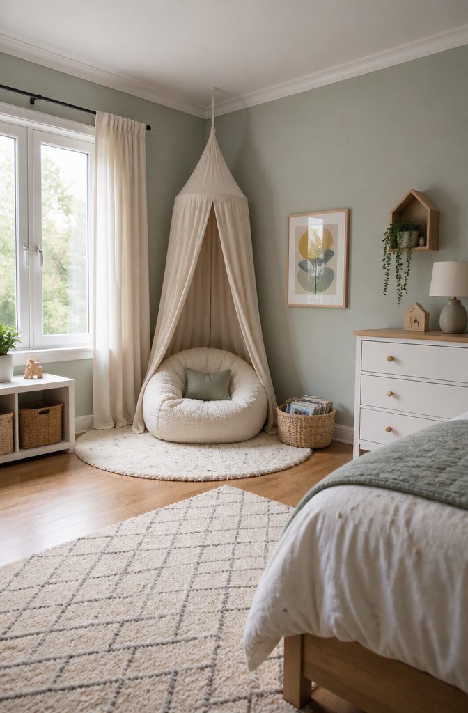 A reading nook with cushions and a small rug in a child's bedroom.