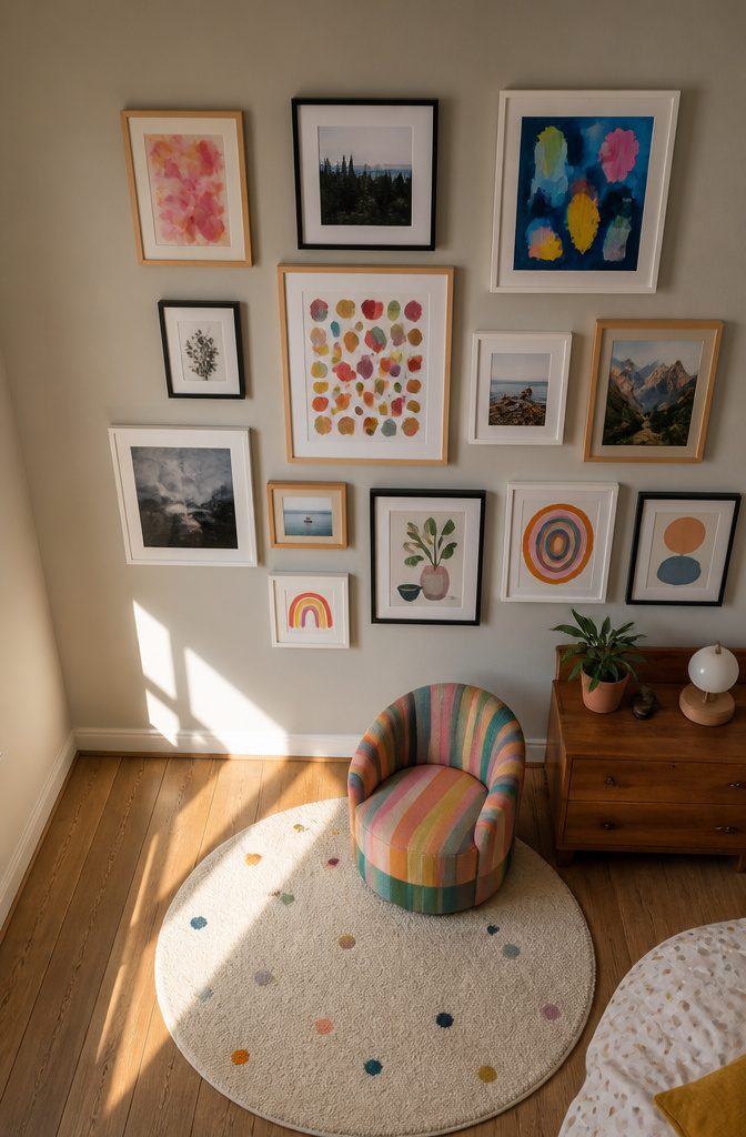 A gallery wall with framed children's drawings and photos.
