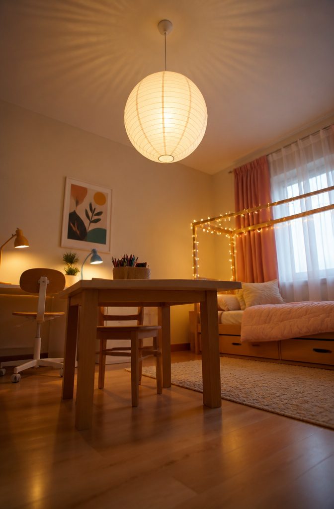 An oversized pendant light and string lights in a child's bedroom.