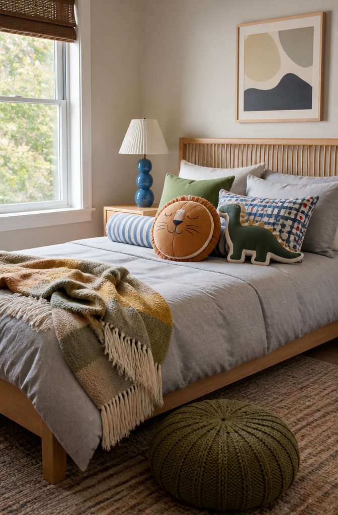 A child's bed adorned with colorful and playful pillows.