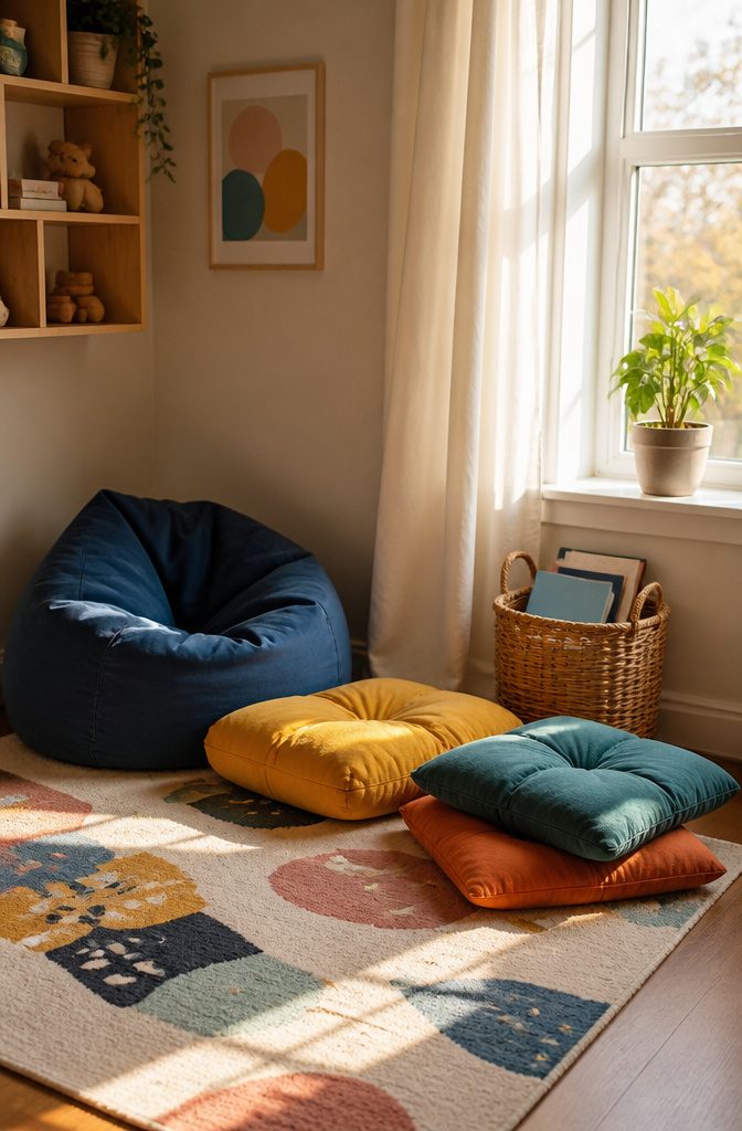 A vibrant beanbag chair and floor cushions in a sunny room corner.