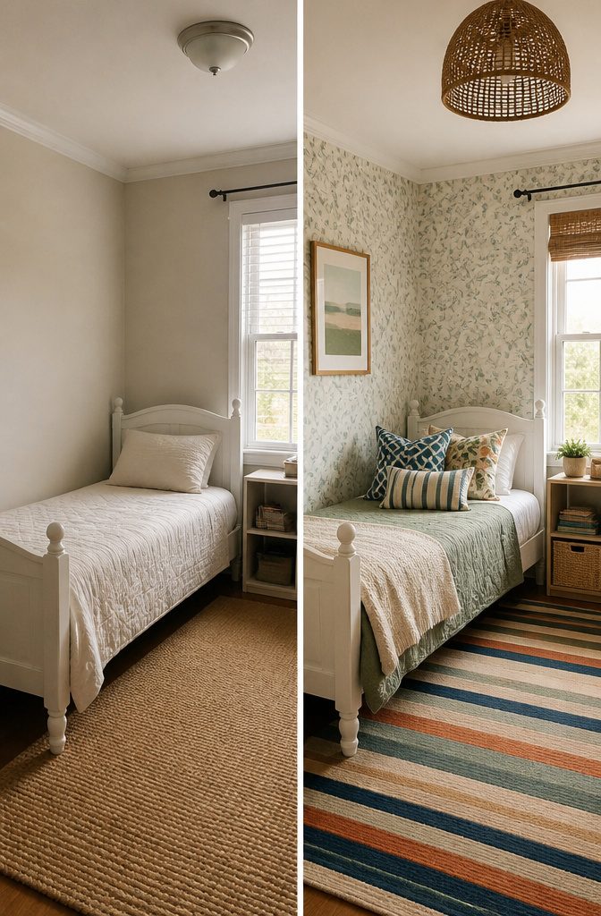 A child's bed with mixed patterns on bedding and pillows.