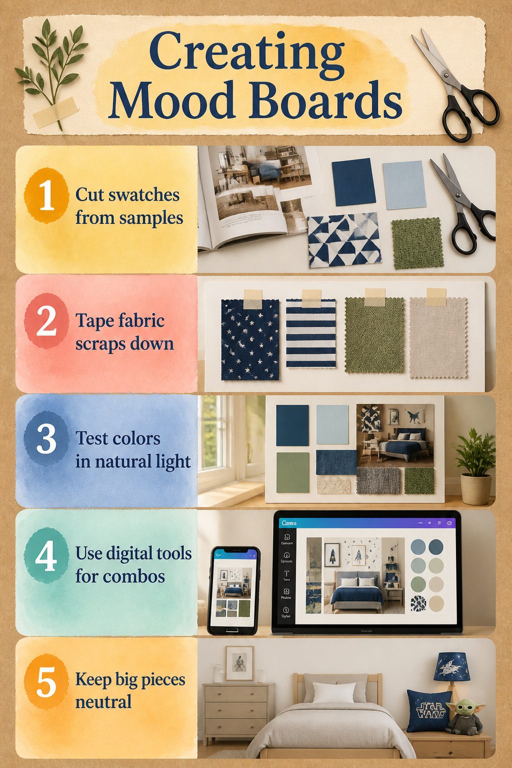 A mood board with fabric swatches and color samples for a child's room.