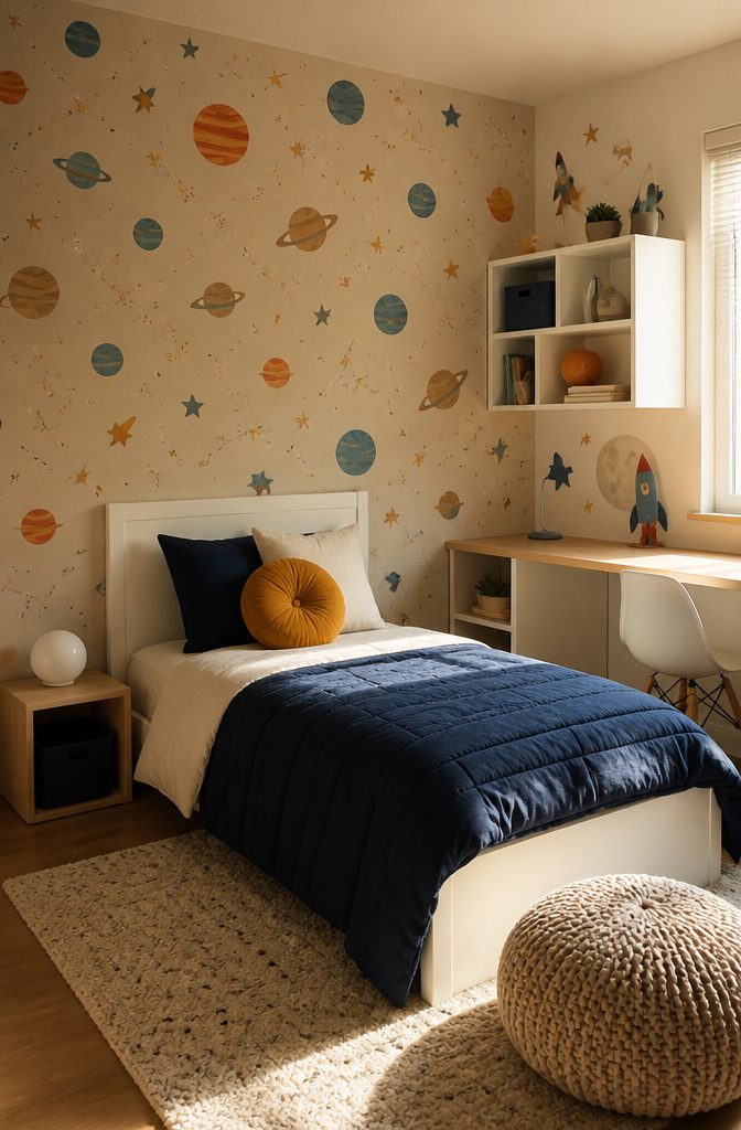 A child's room with space-themed peel-and-stick wallpaper and decals.