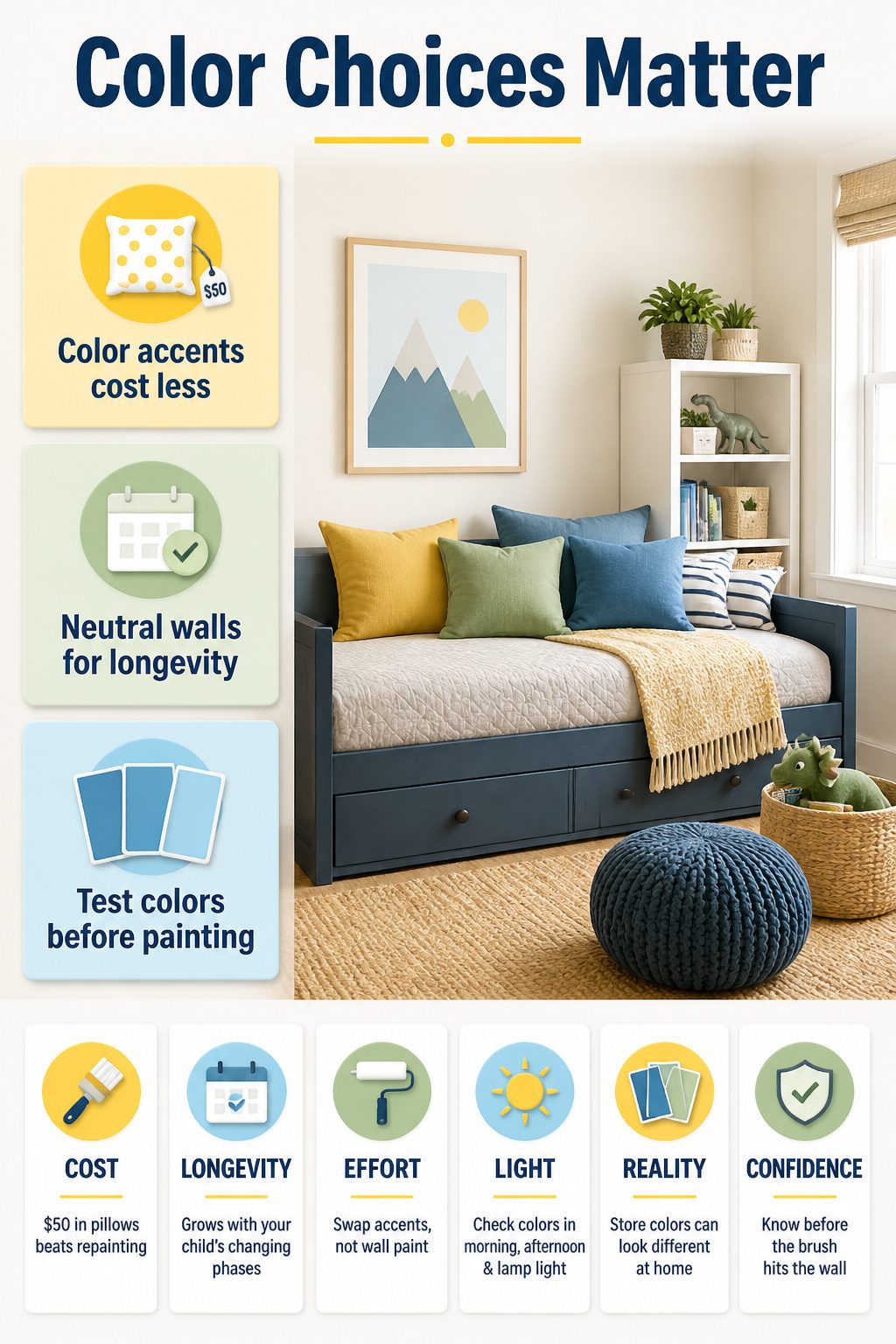 A color chart showing various neutral paint options for a child's room.