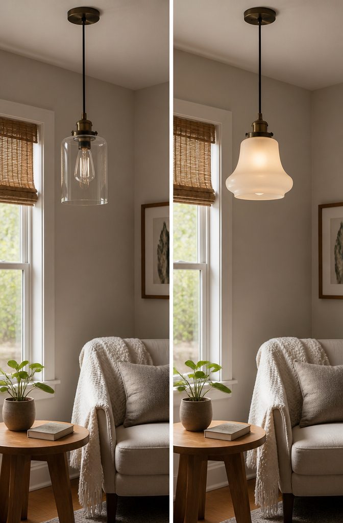 A variety of pendant light shades displayed on a table.