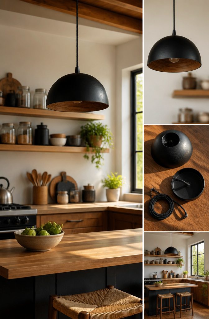 A black wooden bowl transformed into a pendant light.