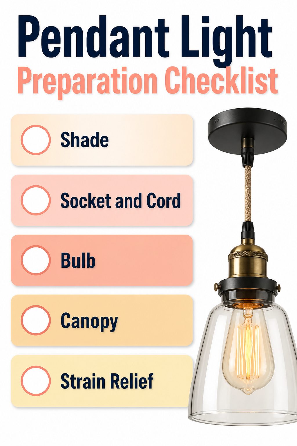 A checklist of items needed for building a pendant light.