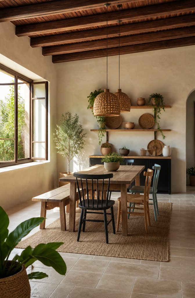 A bench placed alongside mismatched dining chairs at a table.