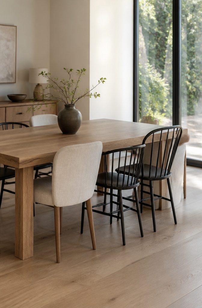 A dining arrangement featuring chairs of similar seat heights.