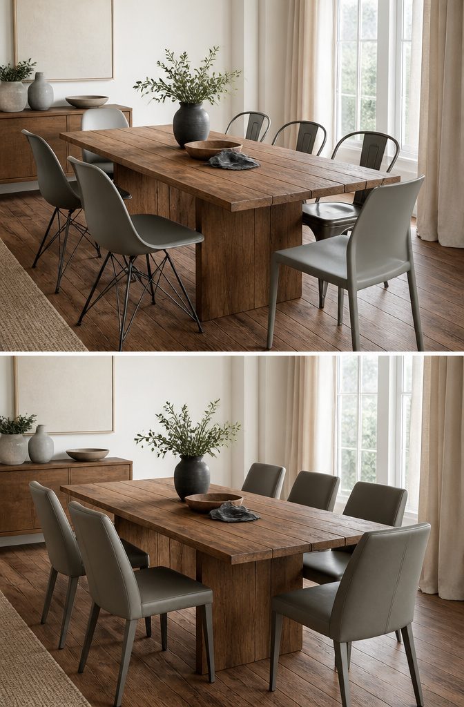 A coordinated selection of dining chairs in various styles.