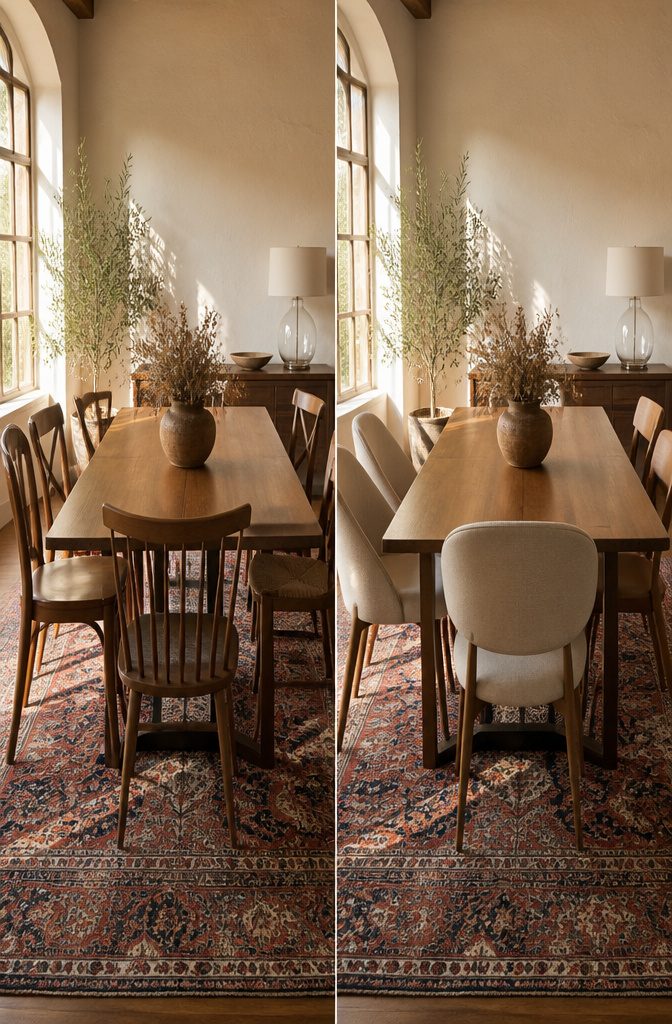 Different dining chairs sharing a warm wood finish.