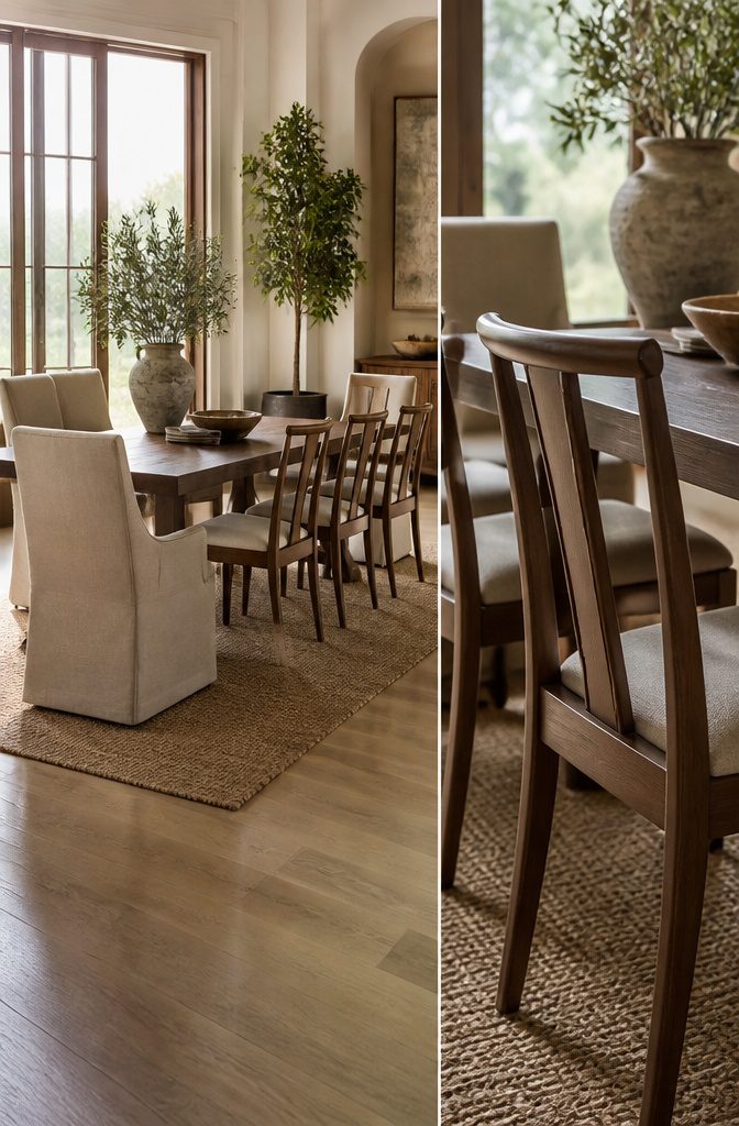 A dining table set with upholstered and metal chairs.