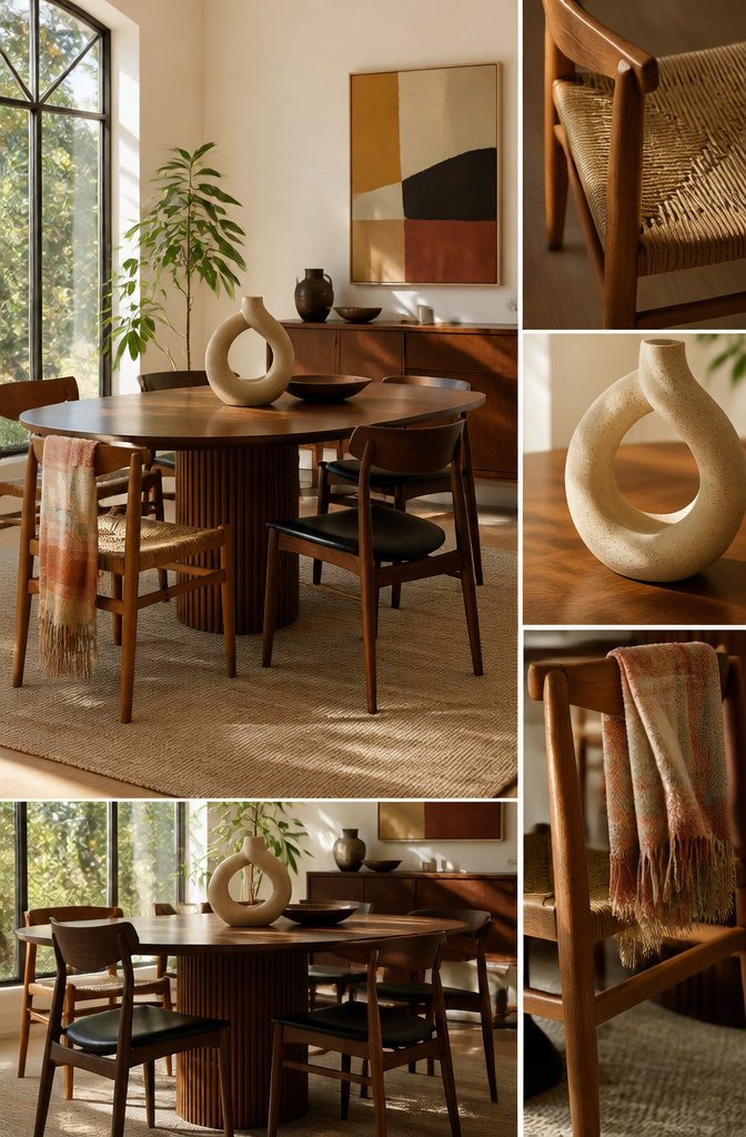 A dining table set with a combination of vintage and modern chairs.