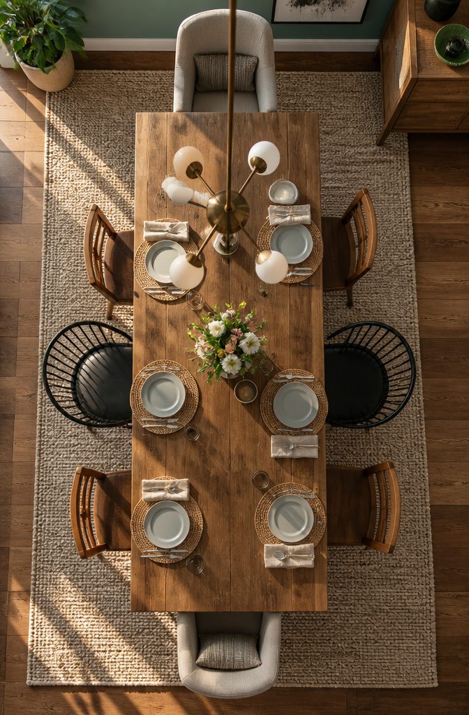 A mix of upholstered, wooden, and metal chairs around a dining table.