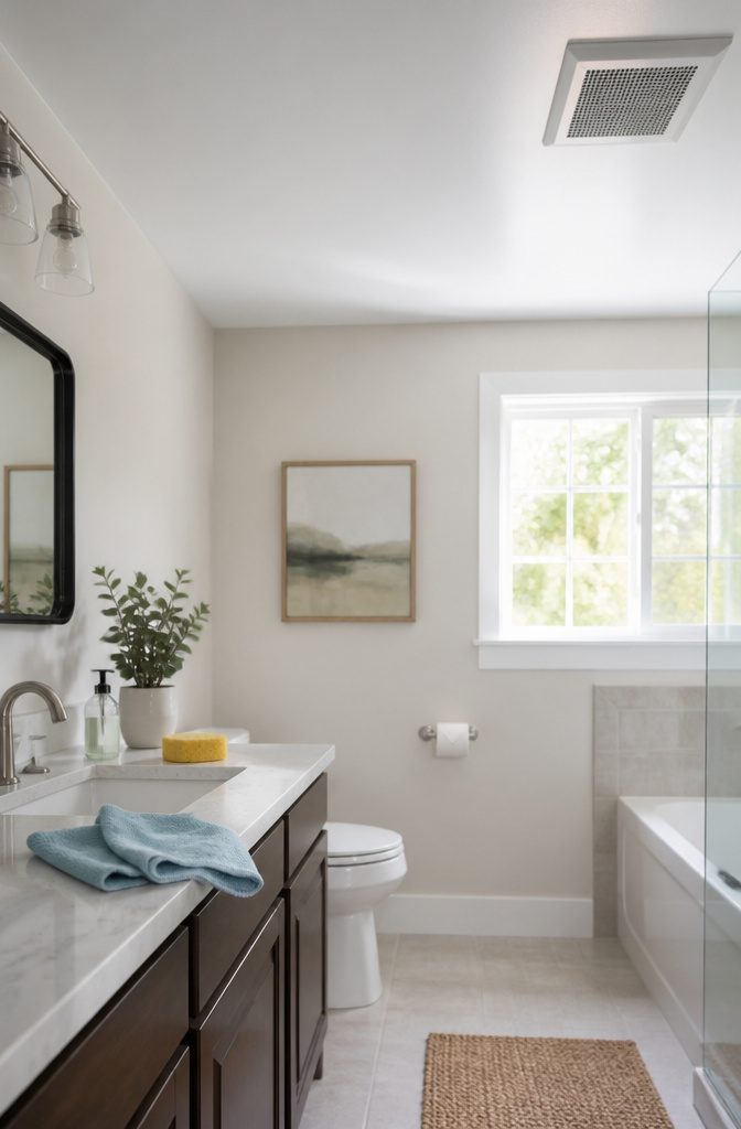 Microfiber cloth and sponge for cleaning a bathroom ceiling.