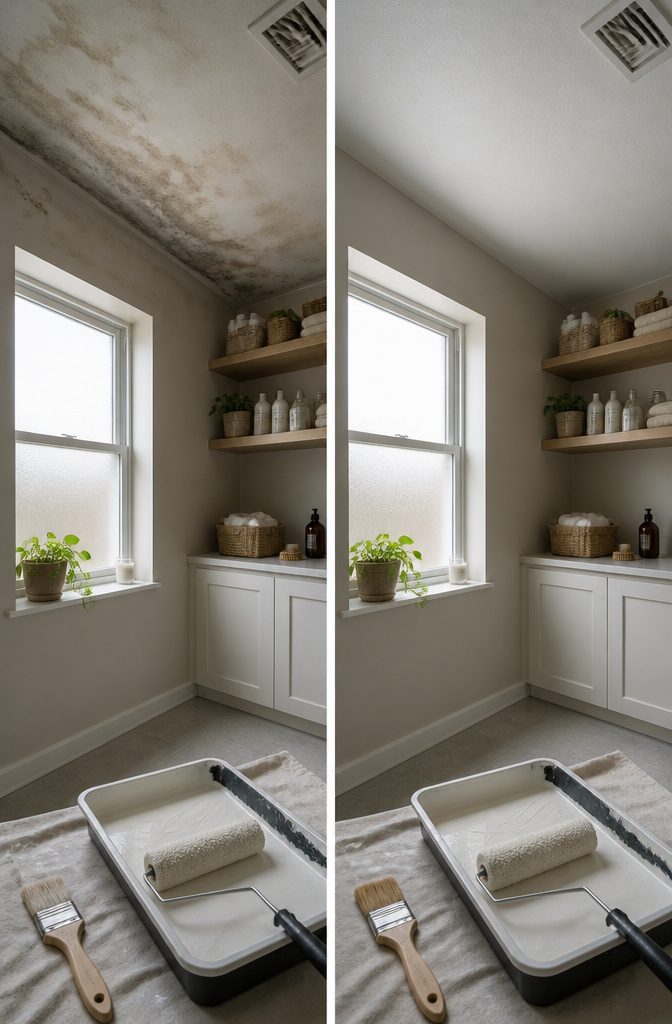 Primer being applied to a bathroom ceiling before paint.