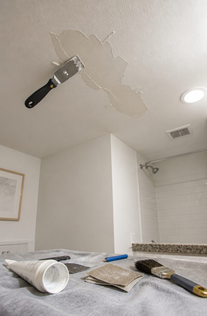 Putty knife gliding over a patch of peeling paint on a ceiling.