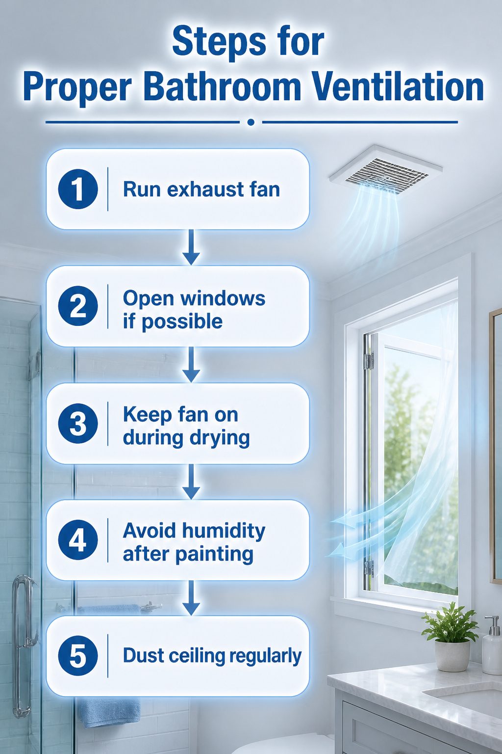 Steps for ensuring proper ventilation in a bathroom during painting.