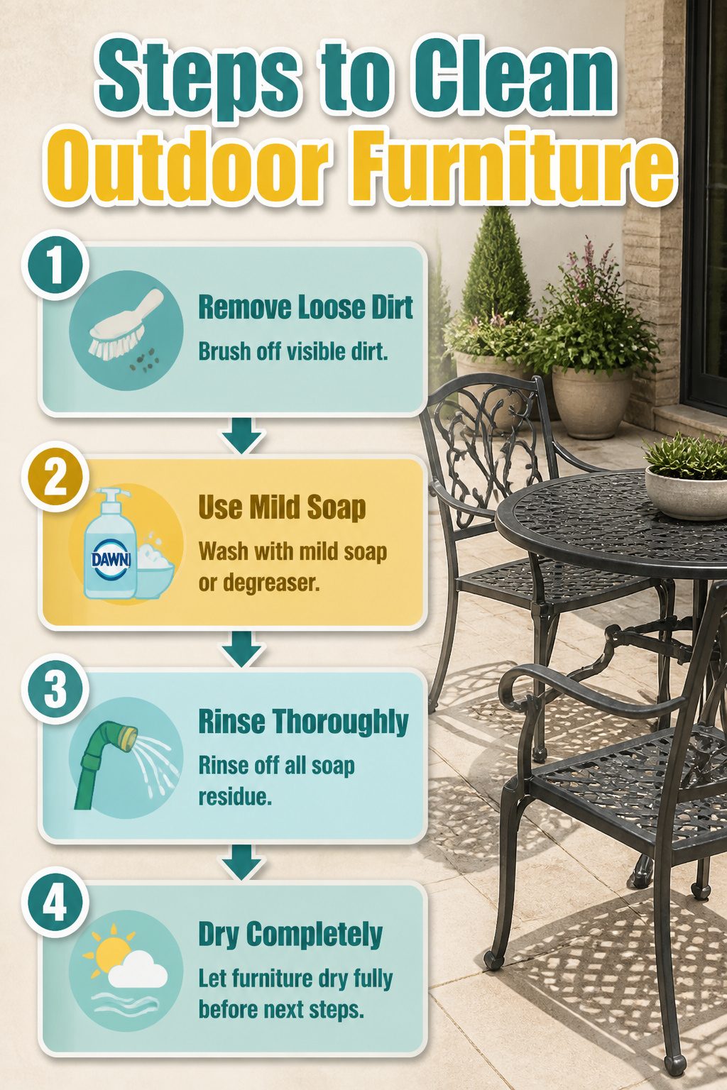 Garden hose and brush on a table near clean outdoor metal furniture.