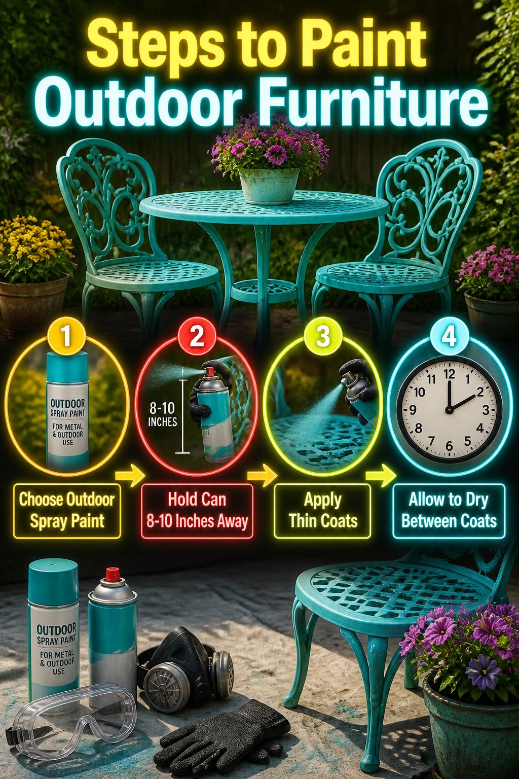 Spray paint can held above a metal chair during painting process.