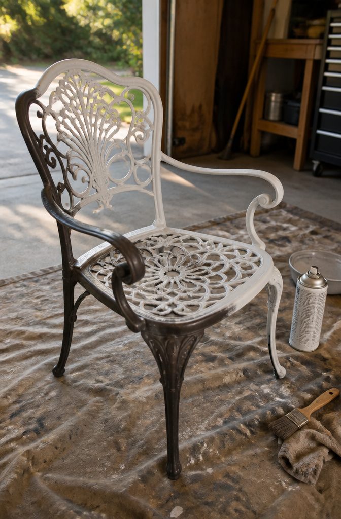 Metal chair being primed with white rust-inhibiting primer.