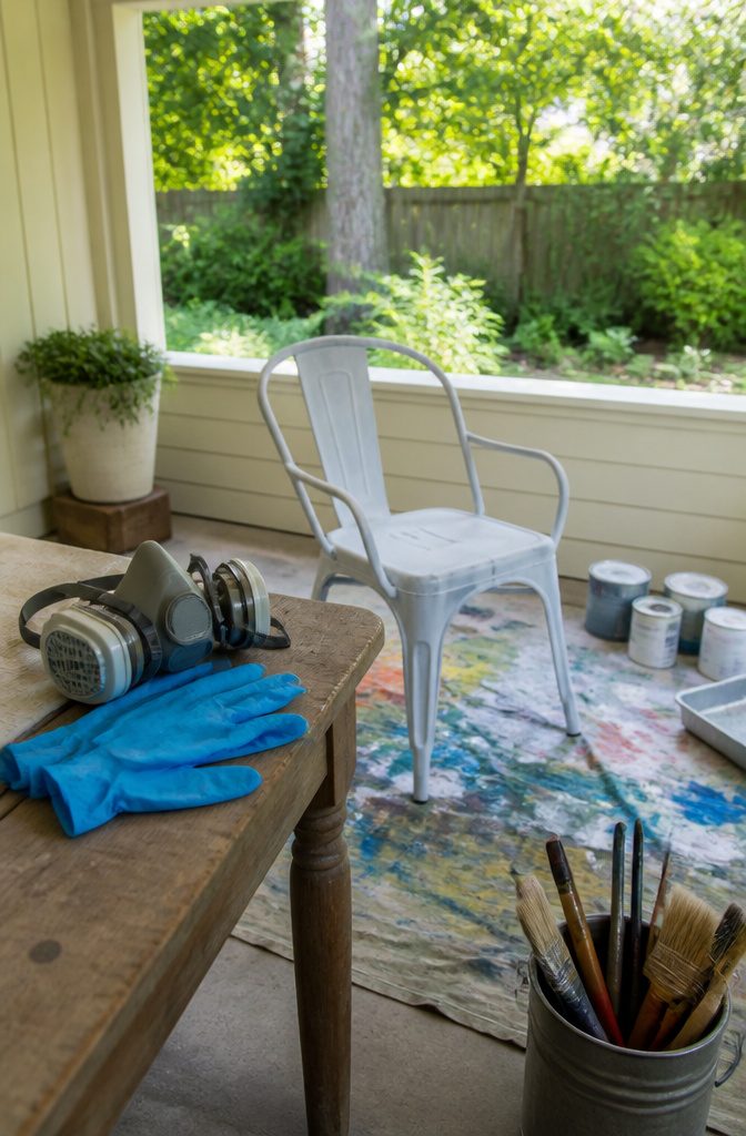 Safety equipment including gloves and a respirator on a workbench.