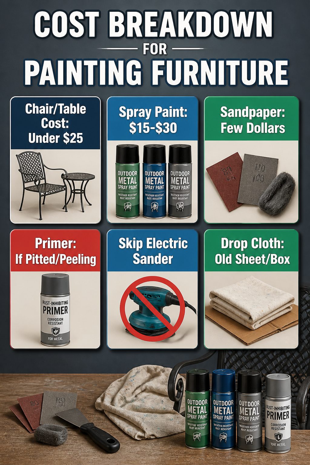 Cost breakdown for repainting outdoor furniture displayed on a table.