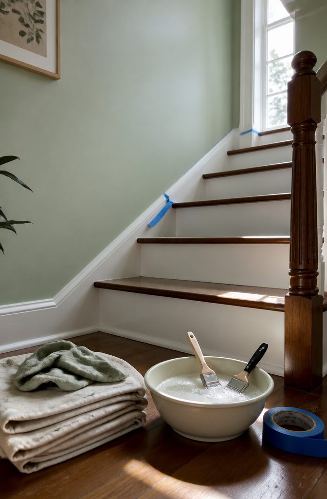 Cleanup phase showing brushes, tape, and drop cloths.