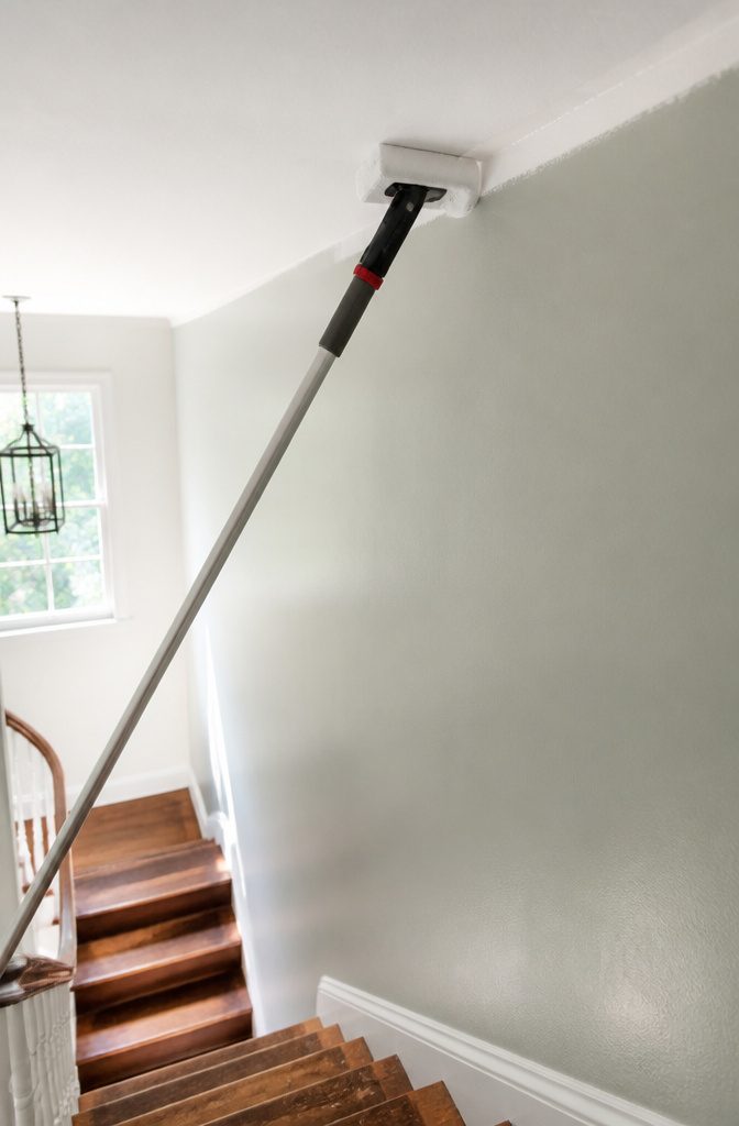 A paint edger on a pole cutting in the ceiling edge.