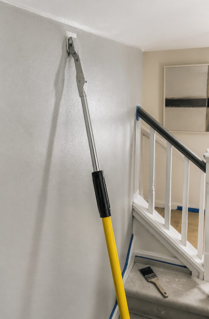 A close-up of a paint edger cutting in the wall near the ceiling.
