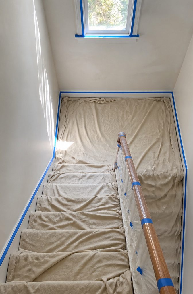 A stairwell cleared of items and covered with drop cloths.