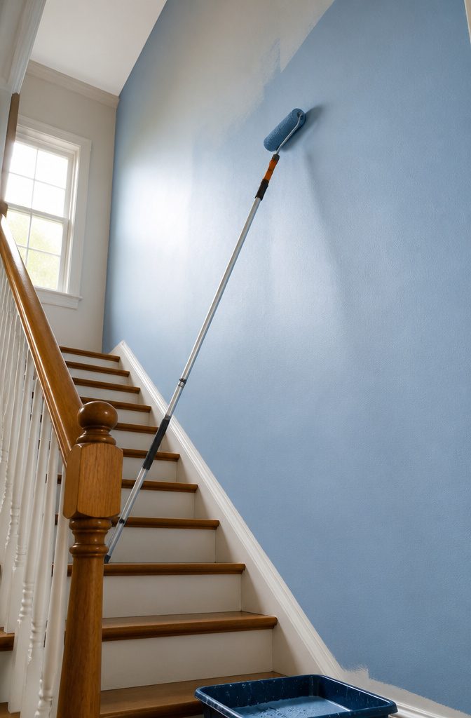 A roller on a pole painting a wall in a stairwell.