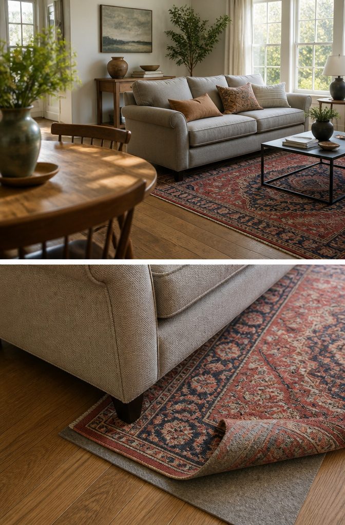 A person adjusting the position of a rug in a living room.