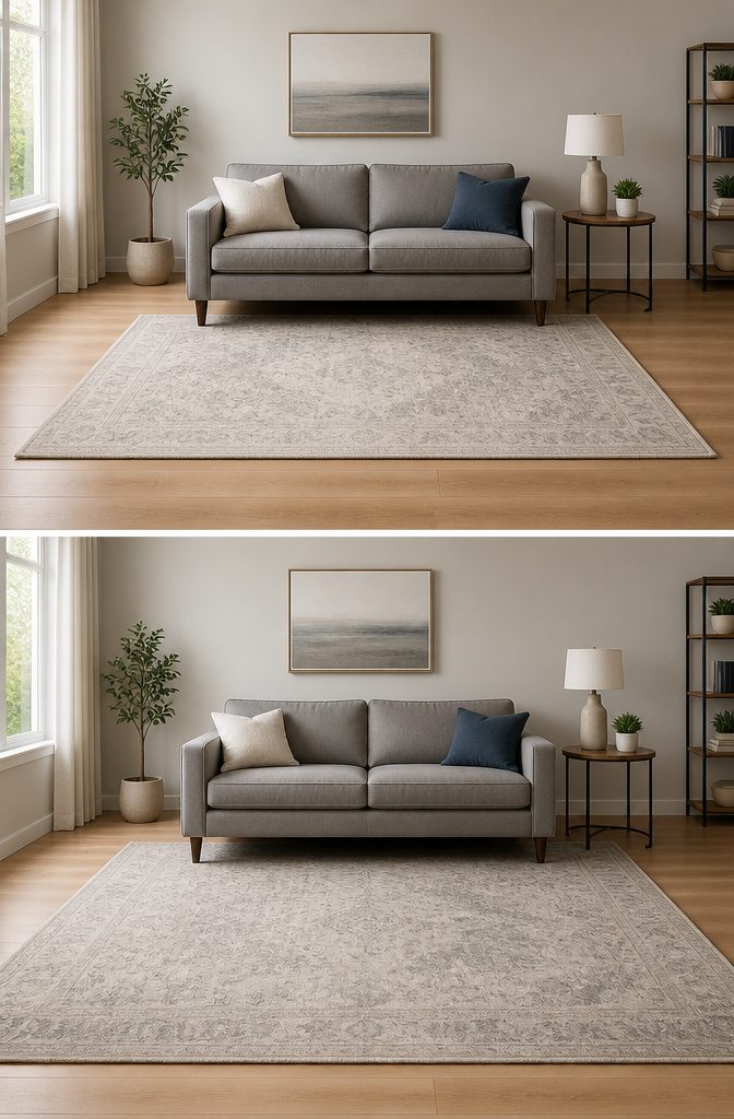 A large rug positioned under a sofa with space on each side.