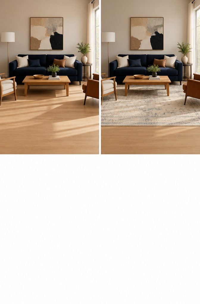 A sofa with all legs resting on a large area rug.
