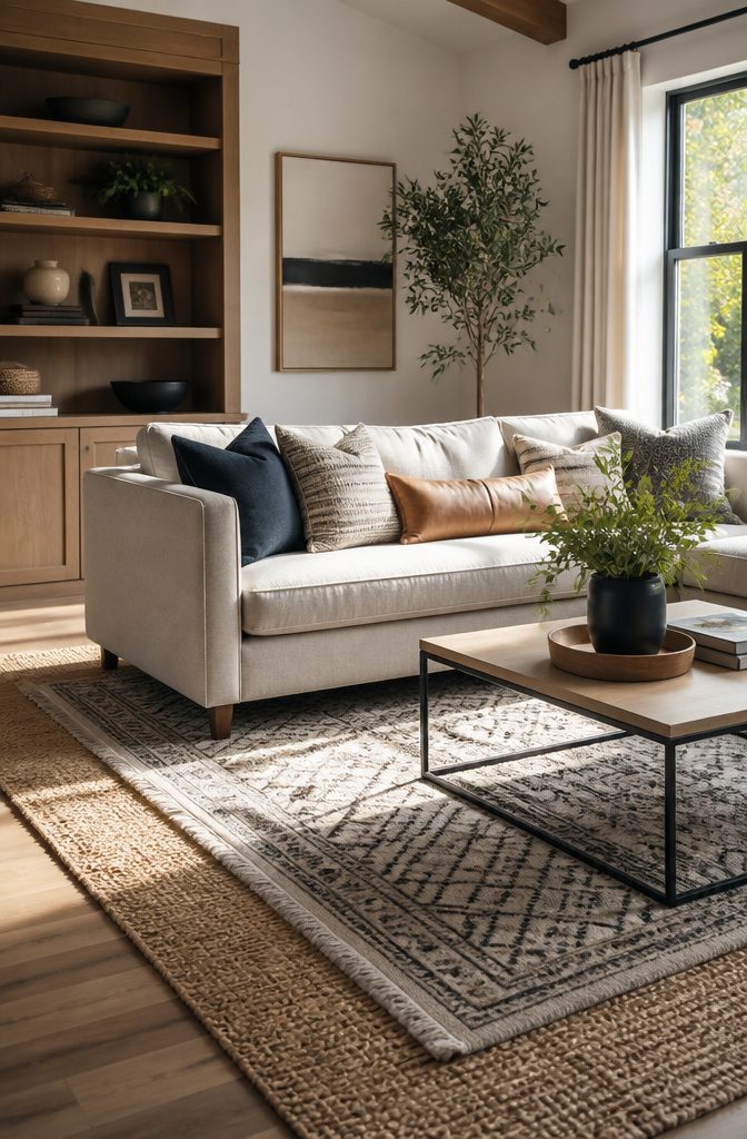 A layered rug setup with a neutral base and patterned top.