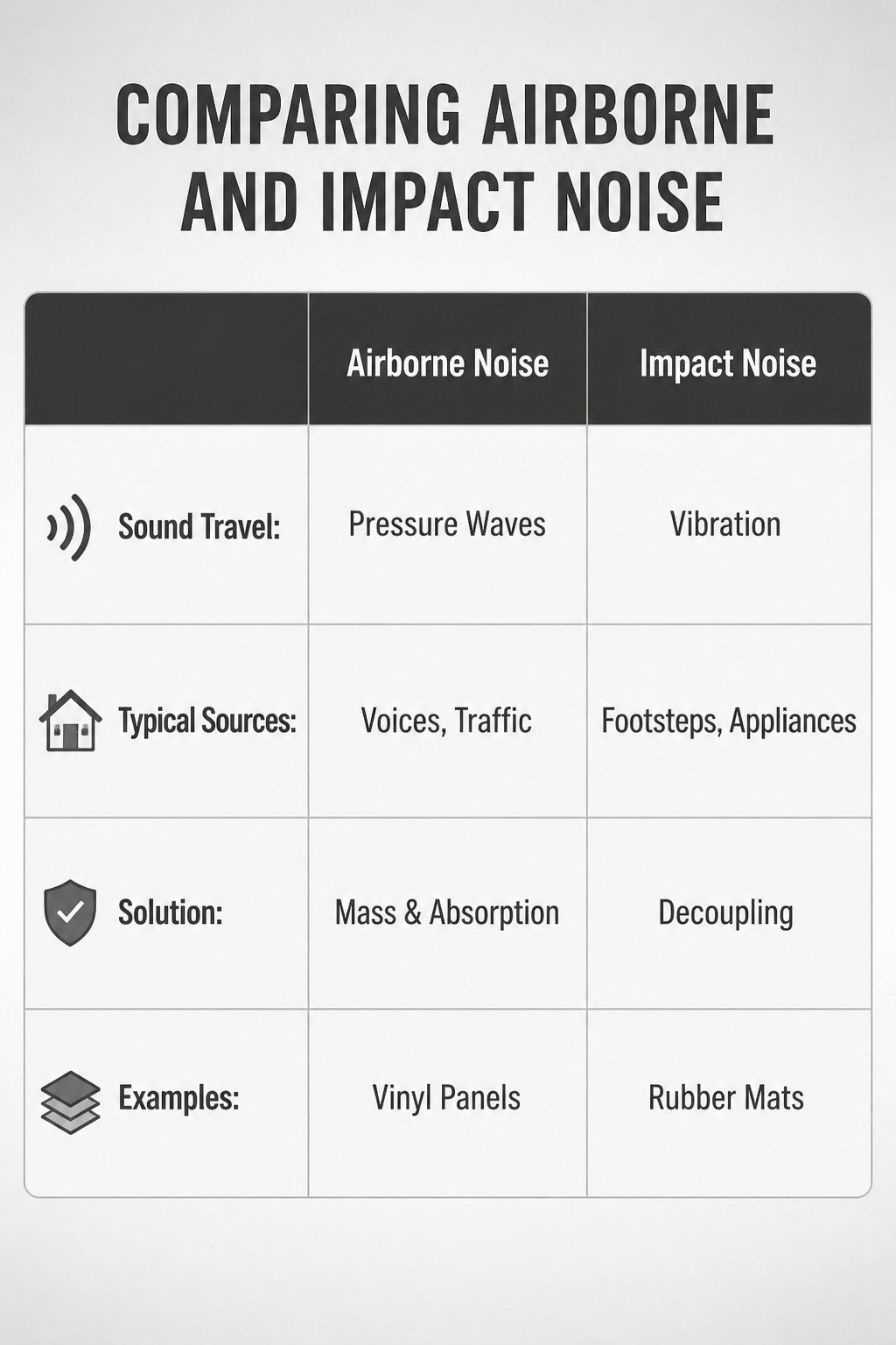 An infographic illustrating airborne and impact noise differences.