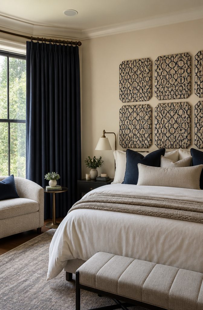 Decorative acoustic panels arranged as a headboard in a bedroom.