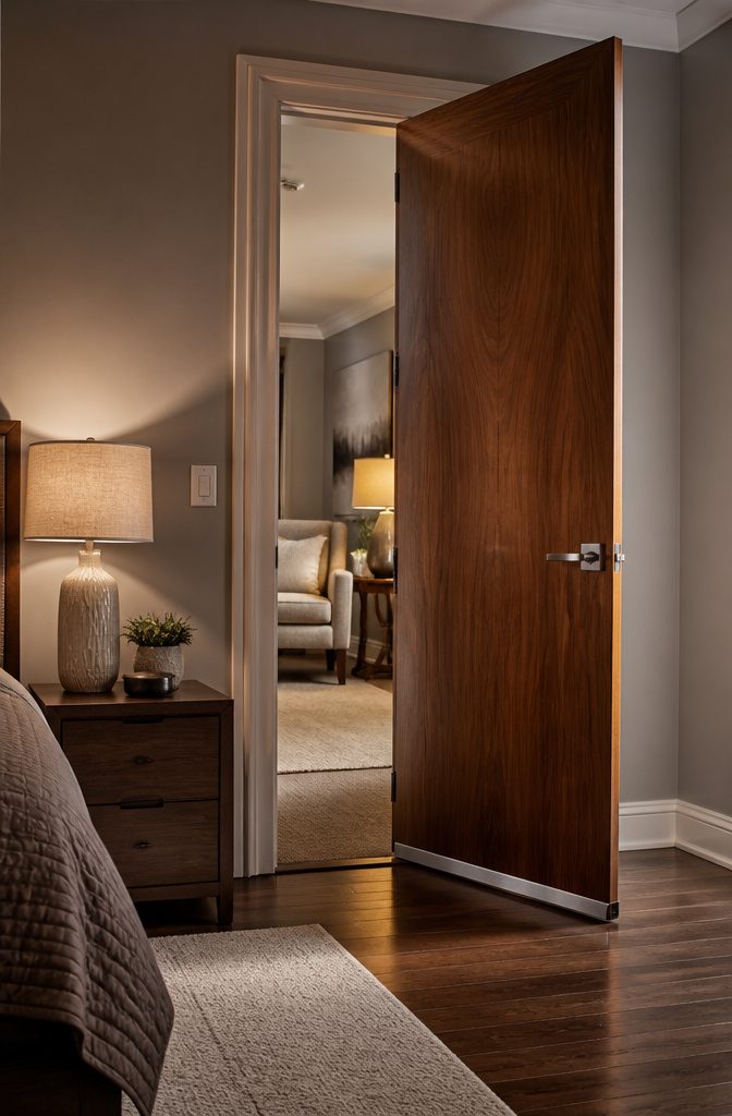 A solid-core door with weather stripping and a door sweep.