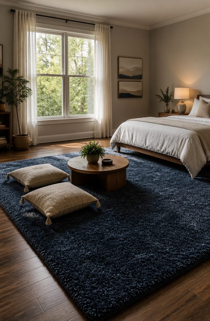 A thick rug placed on a hardwood floor in a bedroom.