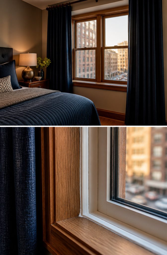 Windows with acoustic caulk applied around the frame.