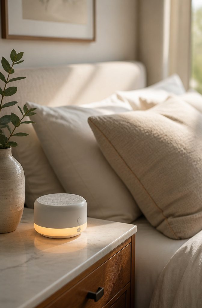 A white noise machine on a bedside table in a bedroom.