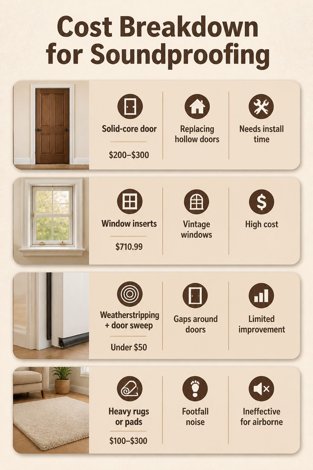 A table showing cost estimates for soundproofing solutions.