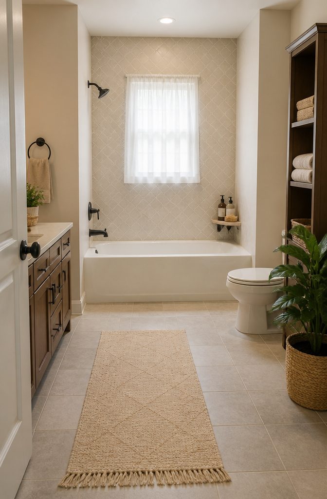 An alcove bathtub showing its size and standard fiberglass material.
