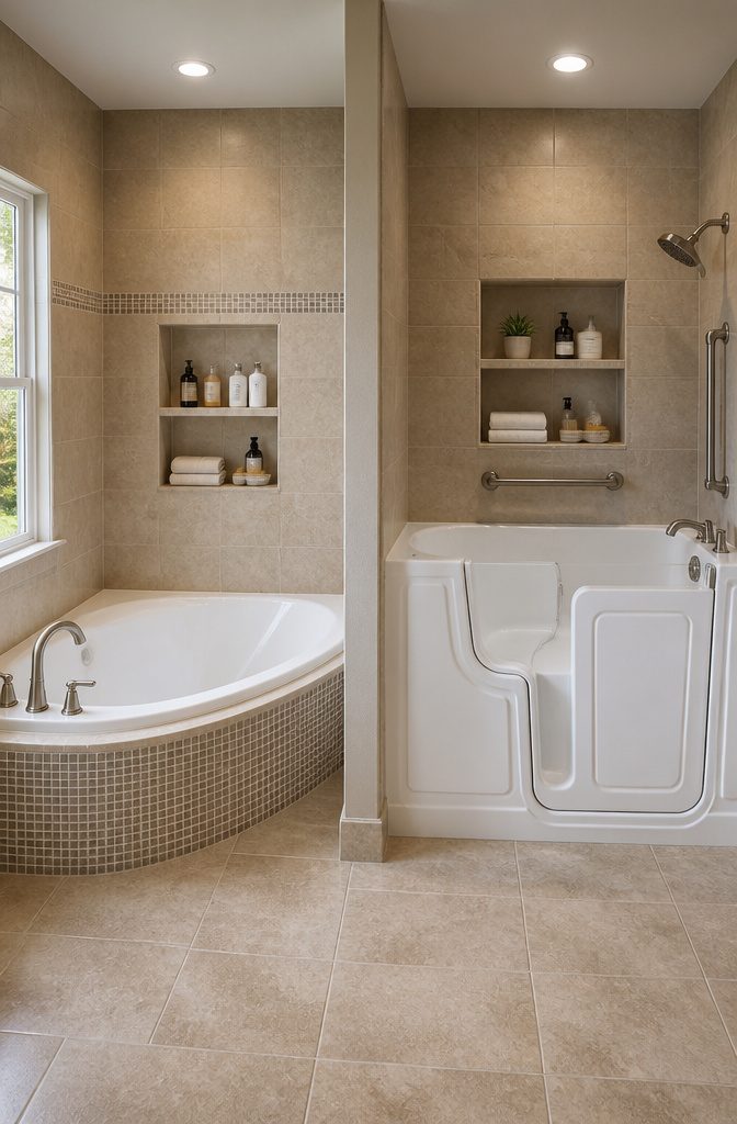 A corner bathtub demonstrating its triangular design and dimensions.